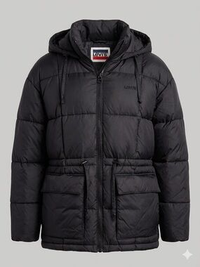 Levi's cinch waist hooded puffer jacket.